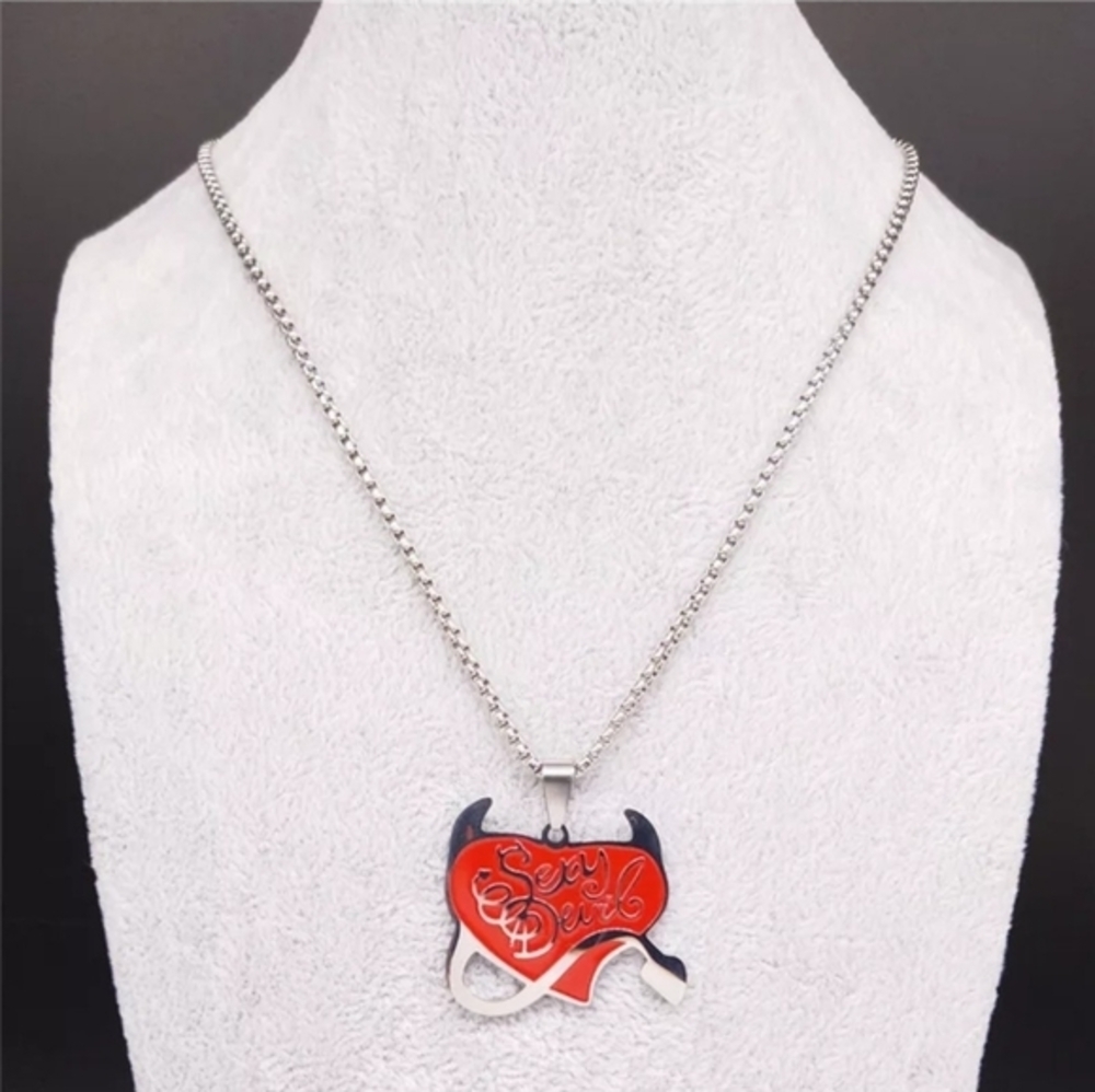 Sexy Devil ✦ Red Heart Pendant ✦ Stainless Steel Necklace w/ Horns & Tail Unisex